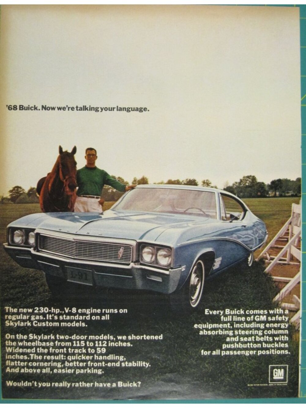Print Ad 1968 Buick Skylark Custom V8 Engine Power Safety Features Blue Car GM